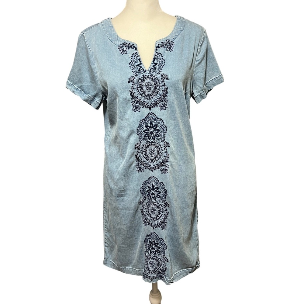 Vintage Westport Embroidered Chambray Denim Dress Short‎ Sleeve Blue Size 4